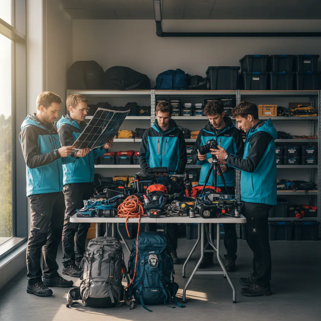 Support team reviewing gear